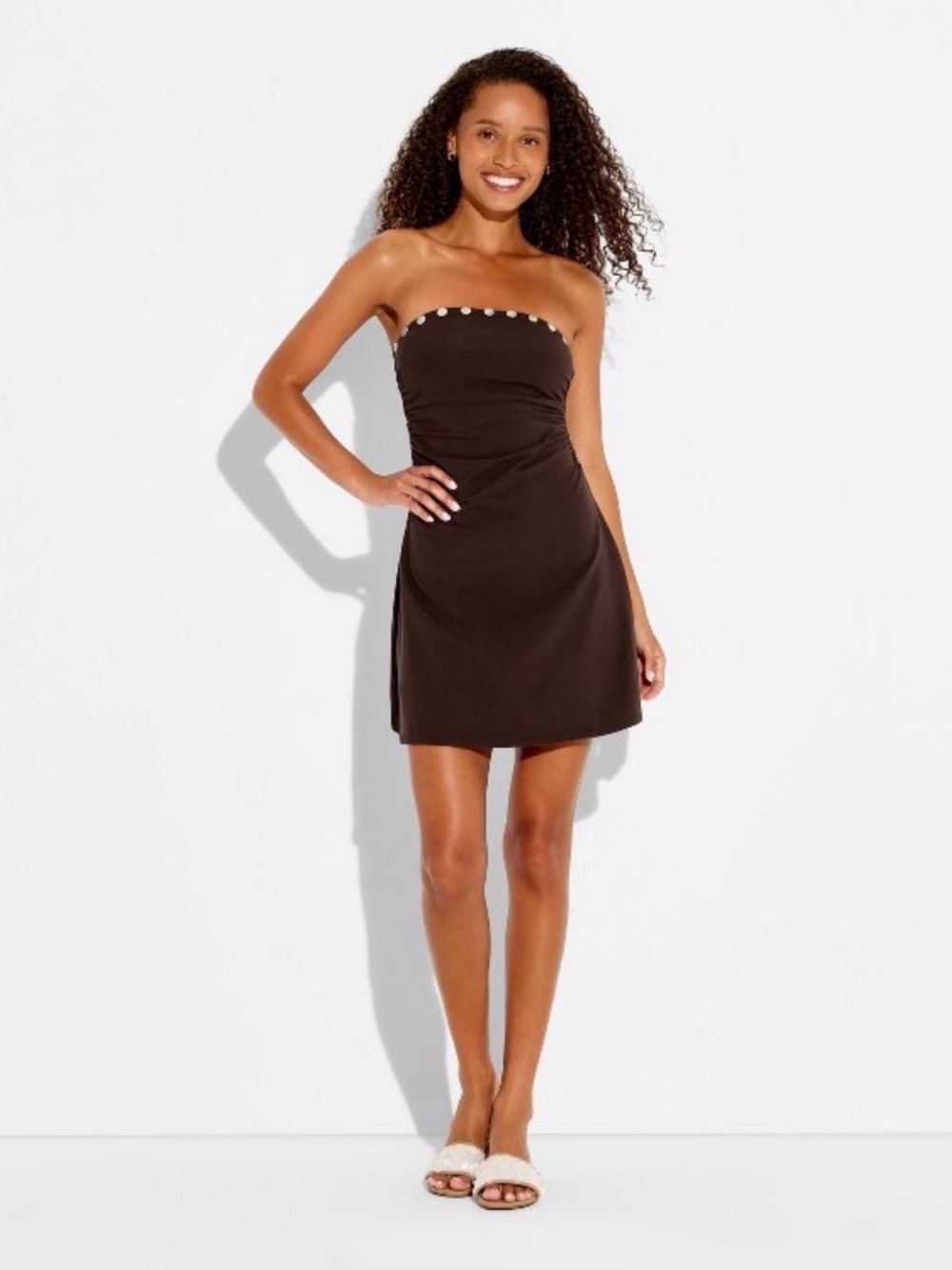 Strapless Brown Mini Dress with Stud Trim